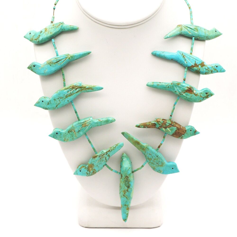 Native American Zuni Turquoise Bird Fetish & Sterling silver Necklace